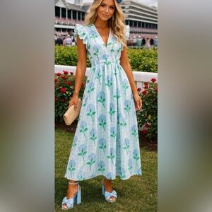 NWOT Sail to Sable Hydrangea Block Print V-Neck Flutter Sleeve Maxi Dress Small